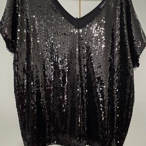 Black Sequin V-Neck Short Sleeve Women's Top
